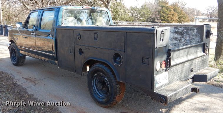 image for item GK9043 1996 Ford F350 Crew Cab utility bed pickup truck