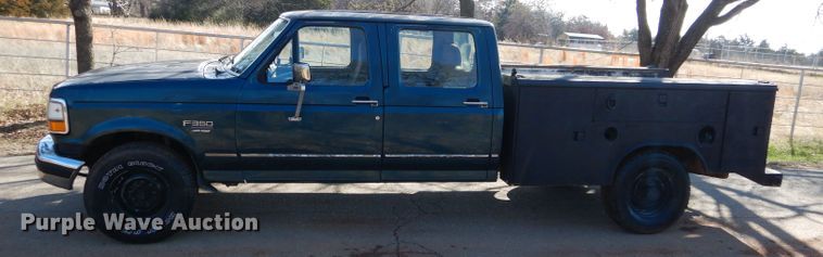 image for item GK9043 1996 Ford F350 Crew Cab utility bed pickup truck