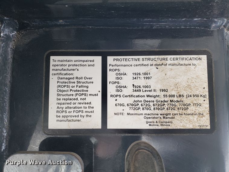 image for item DD2638 2009 John Deere 672GP motor grader