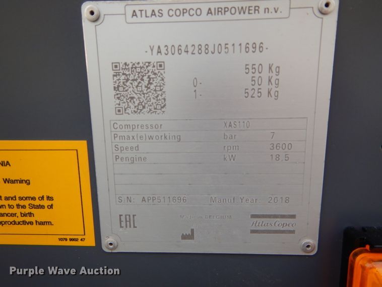 image for item DH6434 2018 Atlas Copco XAS 110 air compressor