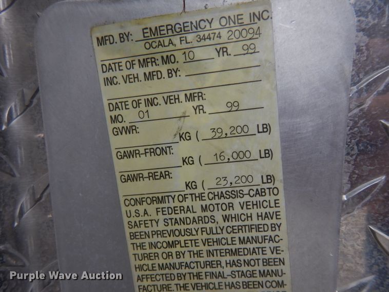 image for item ER9977 1999 Emergency One pumper fire truck