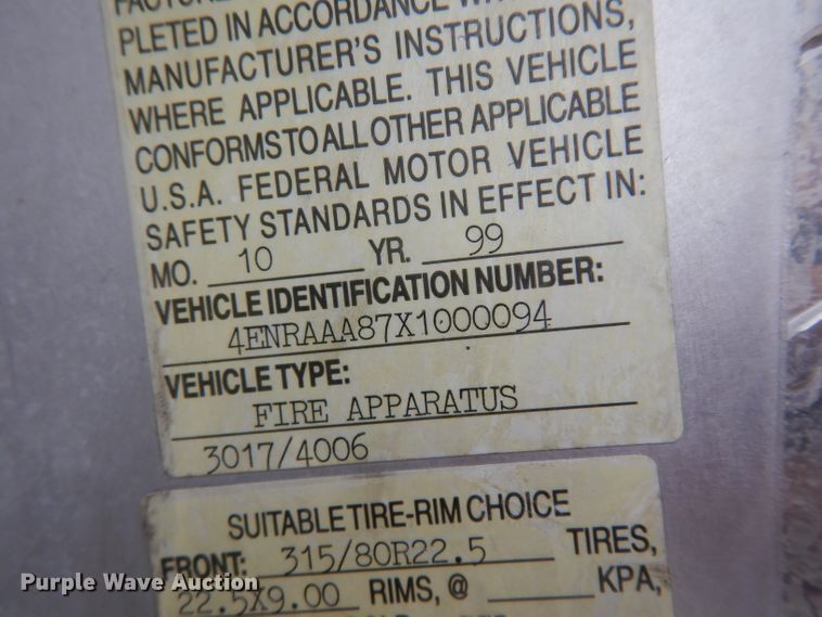 image for item ER9977 1999 Emergency One pumper fire truck