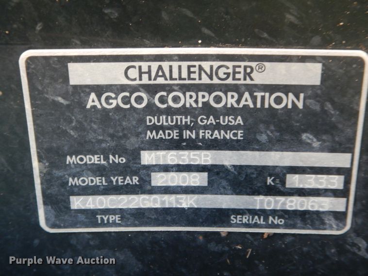 image for item DH6459 2008 Challenger MT635B MFWD tractor