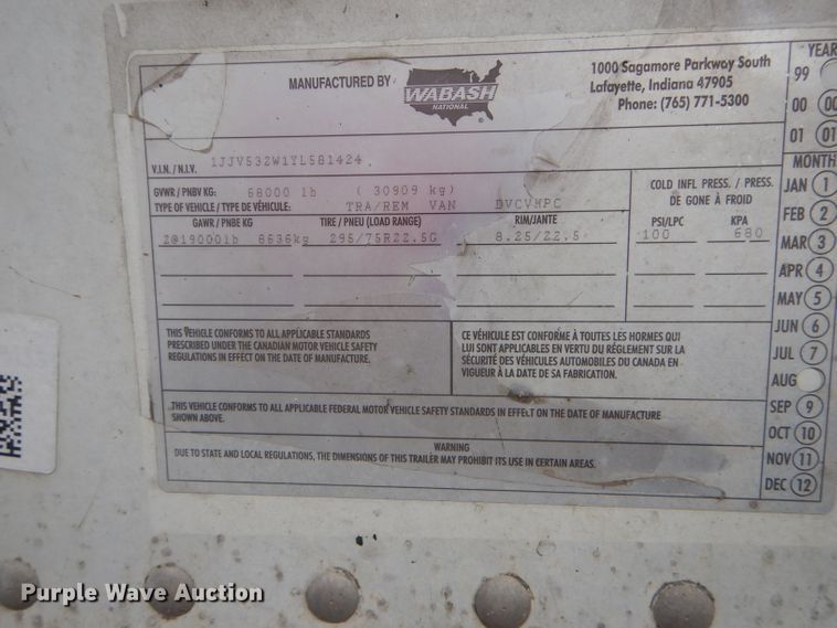 image for item DF3017 2000 Wabash dry van trailer