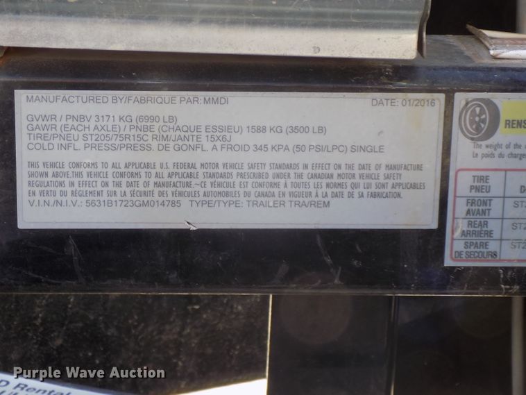 image for item DG2545 2016 MMDI utility trailer