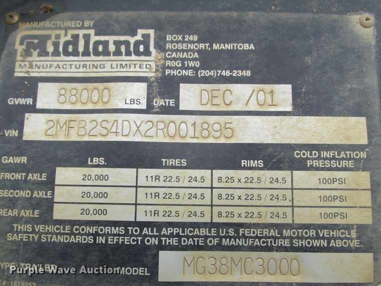 image for item DA8354 2002 Midland MG38MC3000 bottom dump trailer