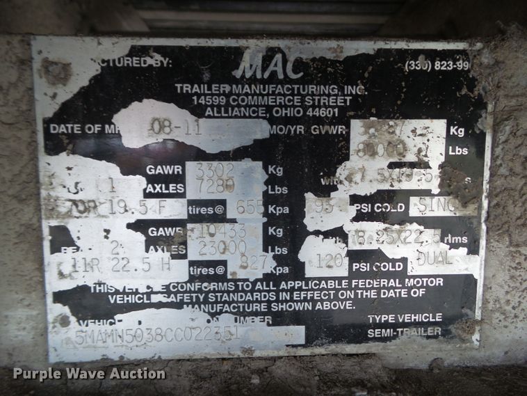 image for item DF0829 2012 MAC TRAR50MF99 walking floor trailer