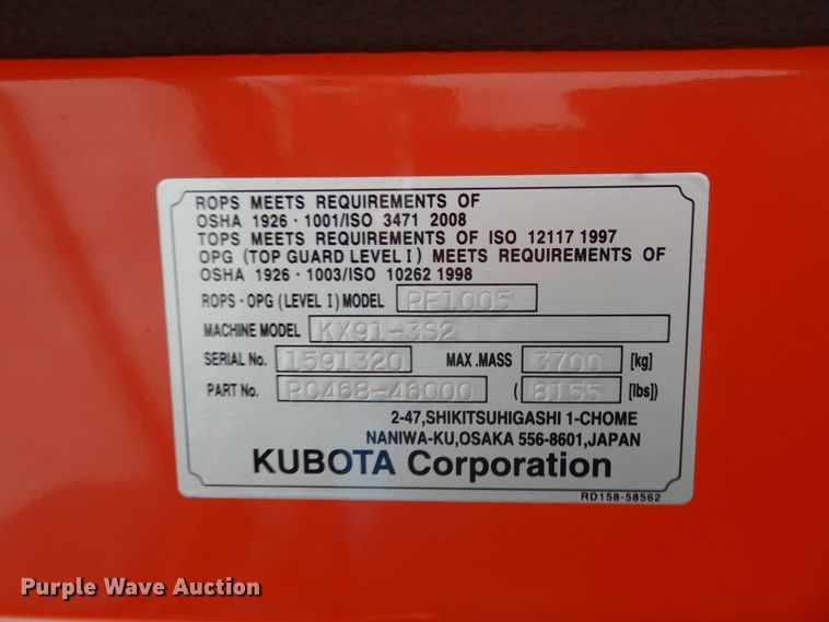 image for item ES9599 2015 Kubota KX91-3S2 Super Series 2 mini excavator