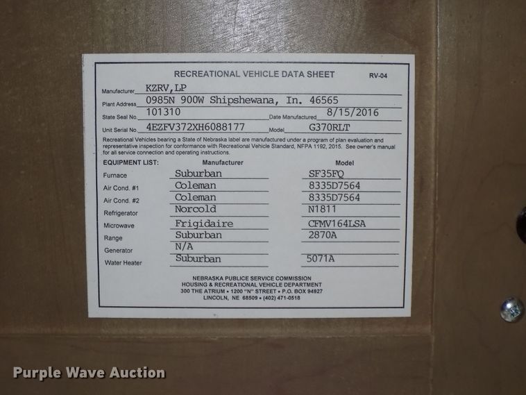 image for item DG2559 2017 KZ Durango Gold 370RLT  camper