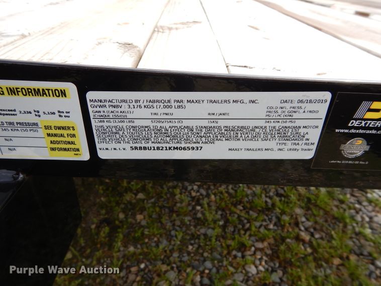 image for item GK9101 2019 Maxey utility trailer