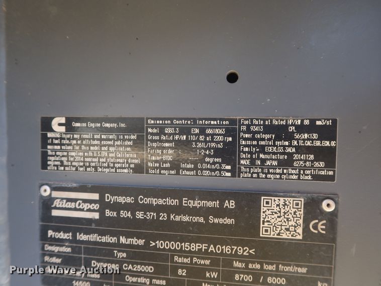 image for item DG7129 2015 Dynapac CA2500D single drum vibratory roller