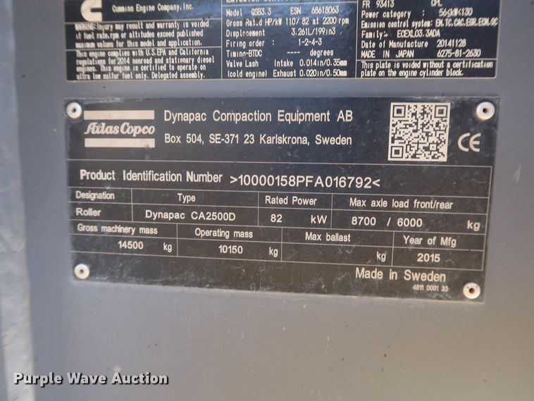 image for item DG7129 2015 Dynapac CA2500D single drum vibratory roller