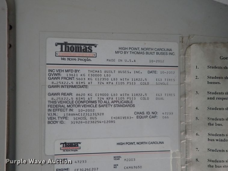 image for item DG3053 2003 Thomas Built Saf-T-Liner MVP EF school bus