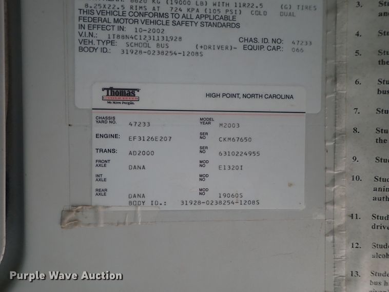 image for item DG3053 2003 Thomas Built Saf-T-Liner MVP EF school bus