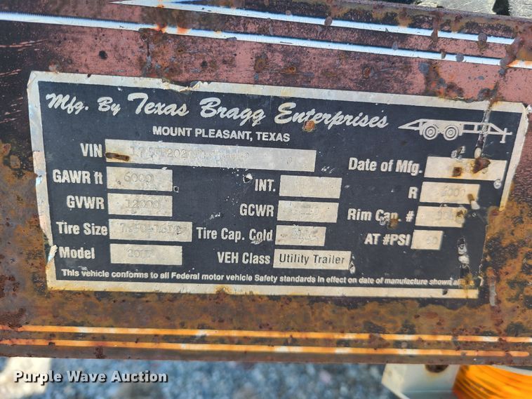 image for item DG7714 1993 Texas Bragg utility trailer