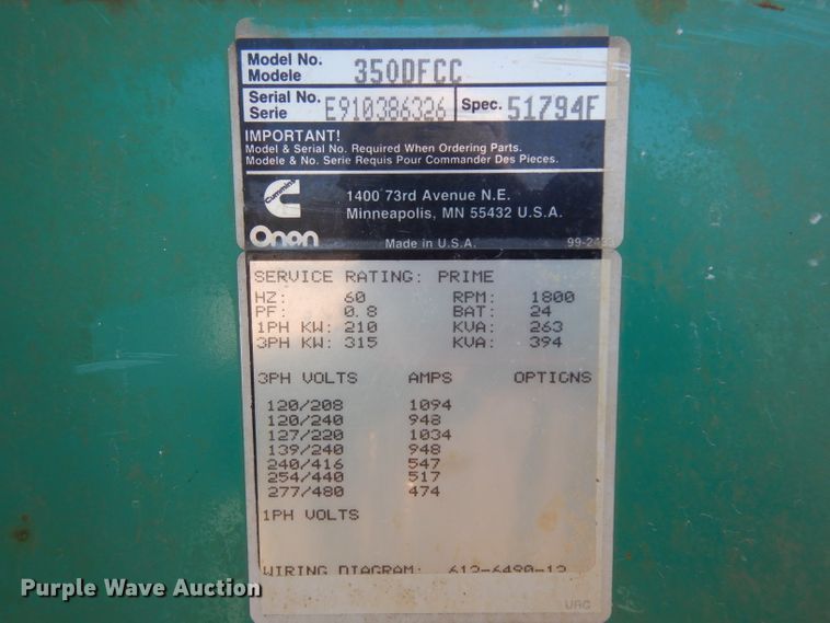 image for item GY9051 Onan 350DFCC generator