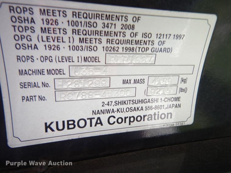 image for item DH2458 2013 Kubota U35-4 mini excavator