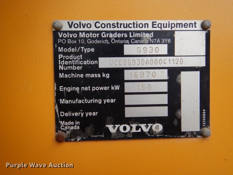 image for item EK9211 2007 Volvo G930 motor grader