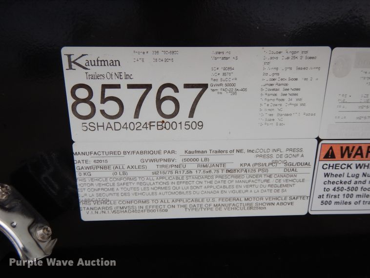 image for item DE5618 2015 Kauffman drop deck equipment trailer