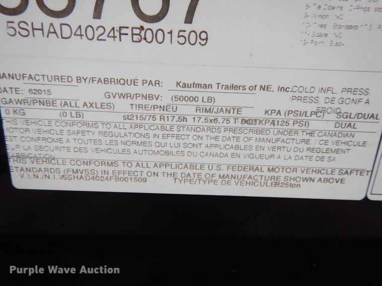 image for item DE5618 2015 Kauffman drop deck equipment trailer