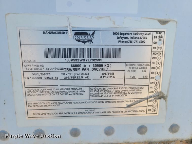 image for item DG7747 2000 Wabash dry van trailer