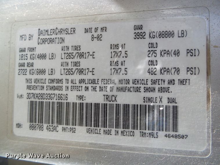 image for item DH4896 2003 Dodge Ram 2500  Quad Cab pickup truck