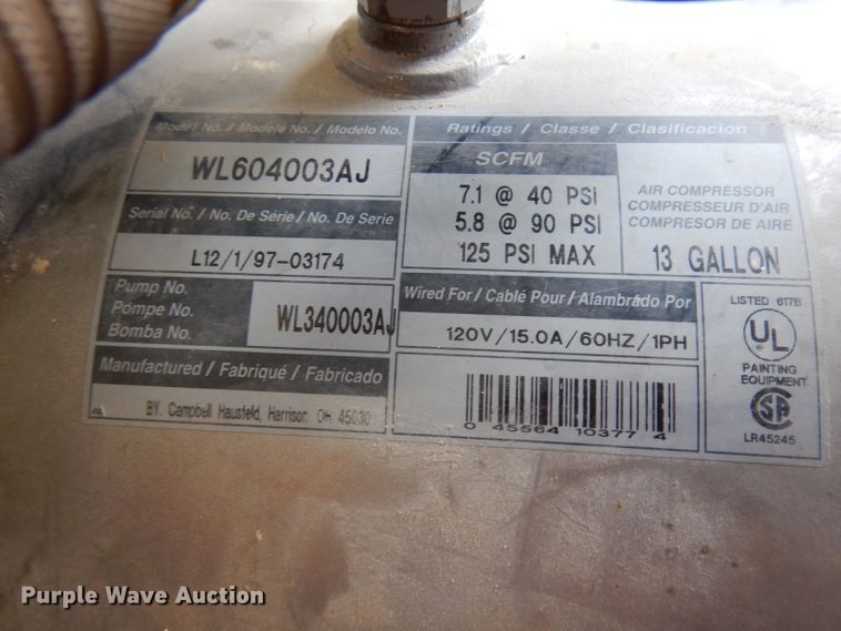 image for item GY9153 Campbell Hausfeld WL604003AJ air compressor