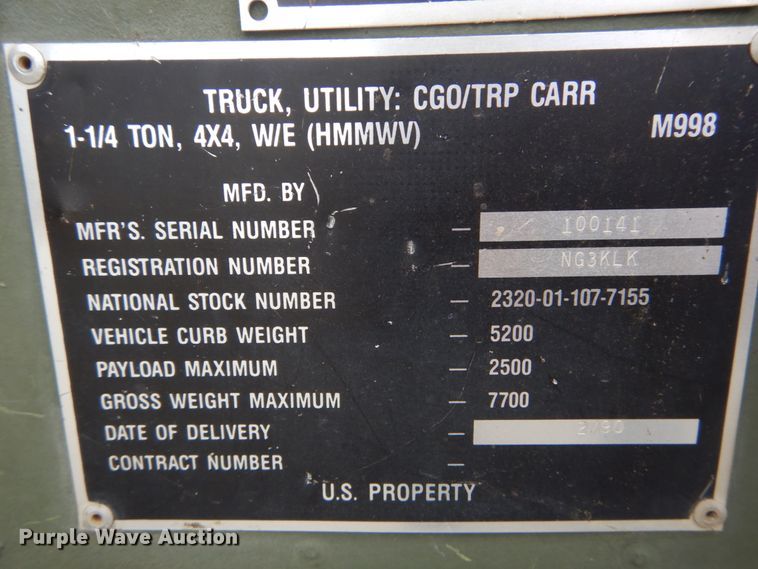 image for item GU9979 1990 Am General M998  Humvee SUV