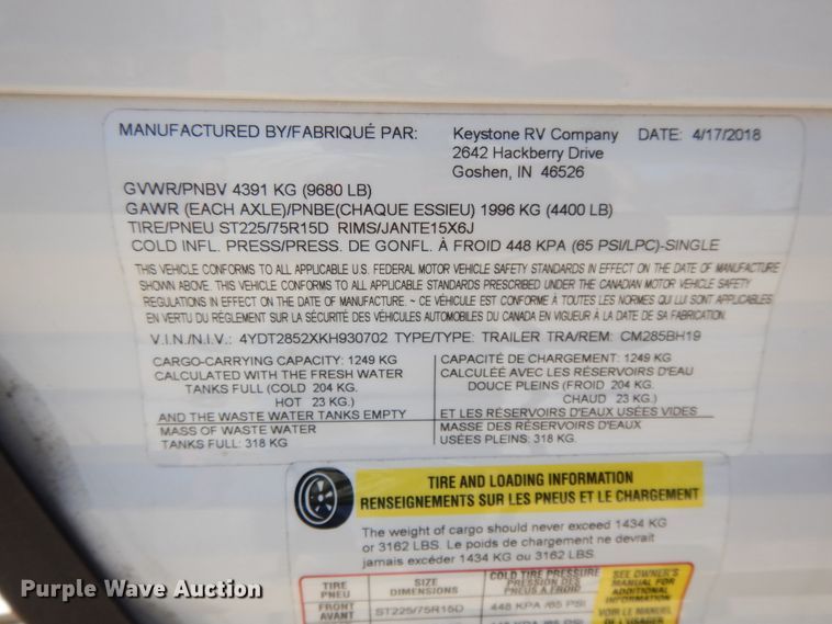 image for item DE5633 2019 Coleman CM285BH19  camper