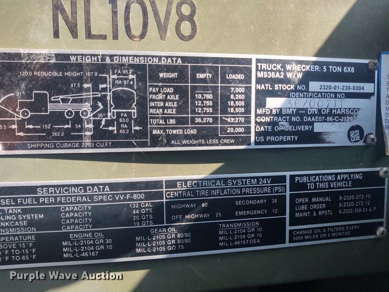 image for item DE6909 1991 Harsco M932A  wrecker truck