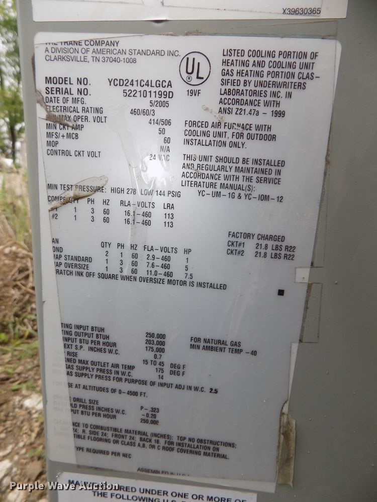 image for item DG2585 2005 Trane YCD241C4LGCA roof top air conditioner