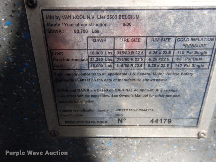 image for item DG5968 2001 Van Hool T2145 coach bus