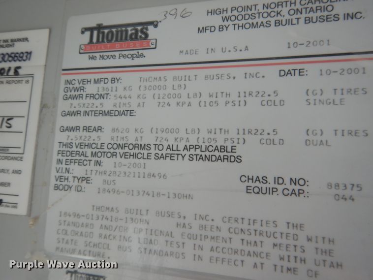 image for item DG5969 2002 Thomas Built Saf-T-Liner MVP ER school bus