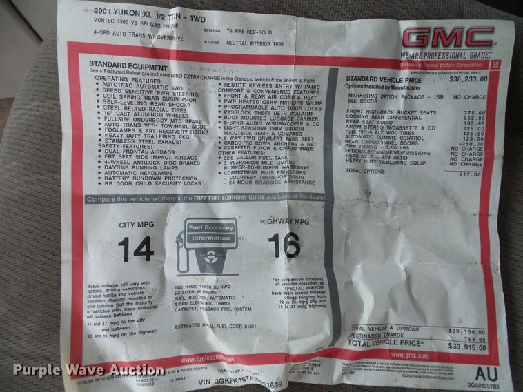 image for item DH4923 2001 GMC Yukon XL  SUV