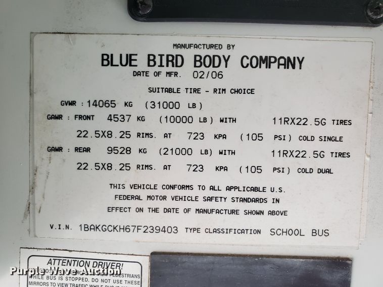 image for item GV9008 2007 Blue Bird L072648  school bus