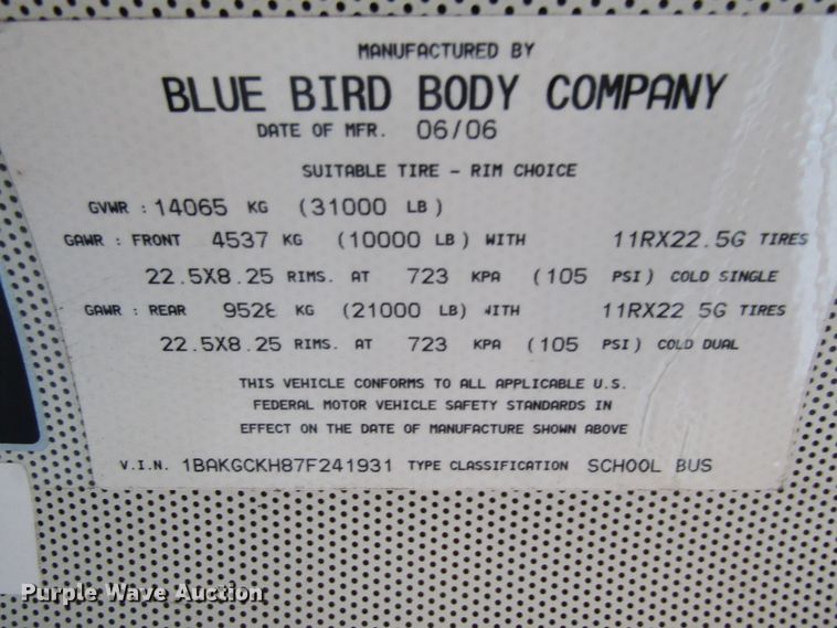 image for item FD9455 2007 Blue Bird Vision  school bus