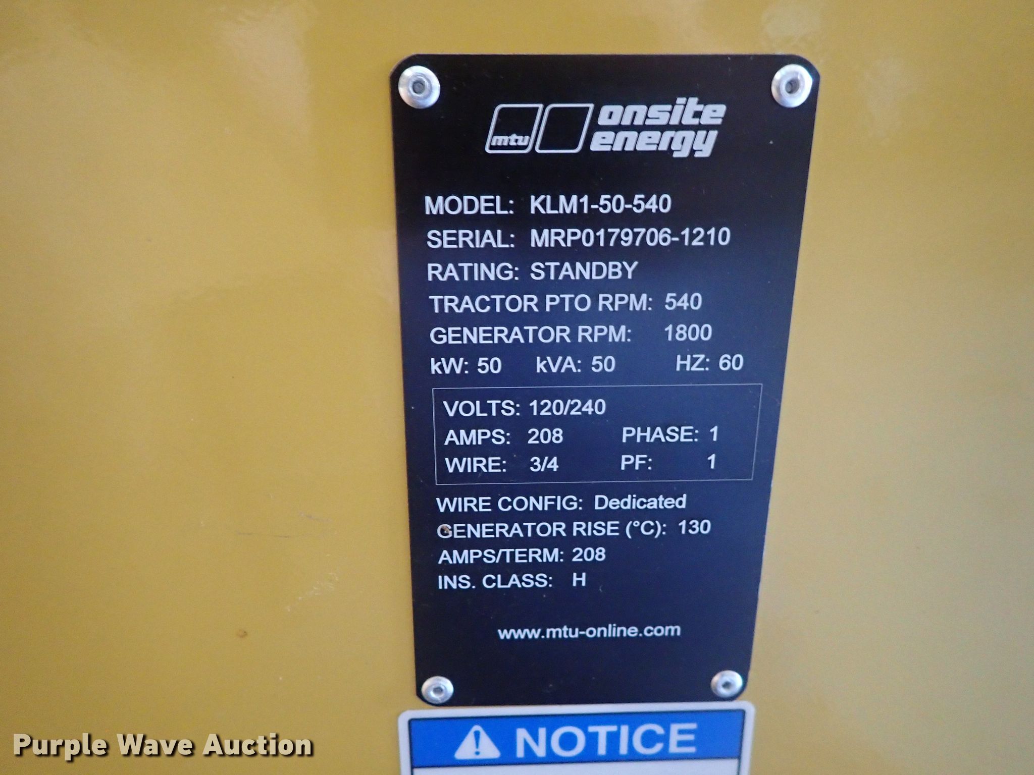 MTU Katolight KLM150540 PTO generator in Cheney, KS Item GR9185