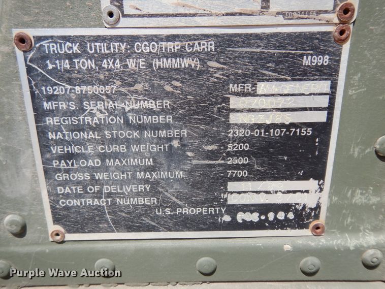 image for item DF4092 1989 Am General M998 Hummer  SUV