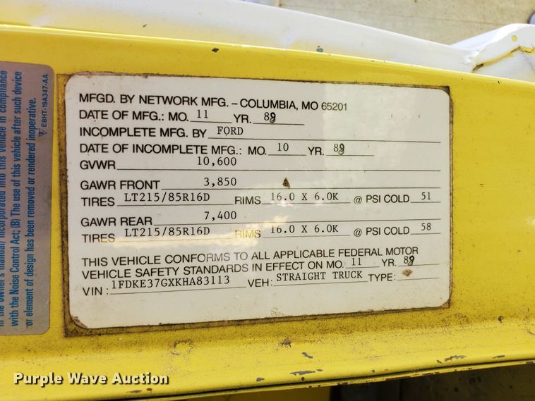 image for item DF8972 1989 Ford Econoline E350  box truck