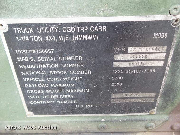 image for item GX9087 1992 Am General M998  SUV