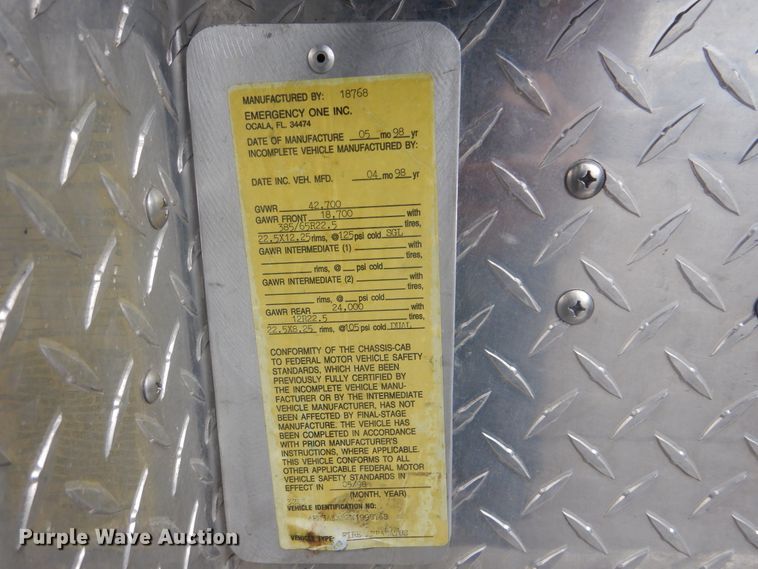 image for item GY9836 1998 Emergency One pumper fire truck