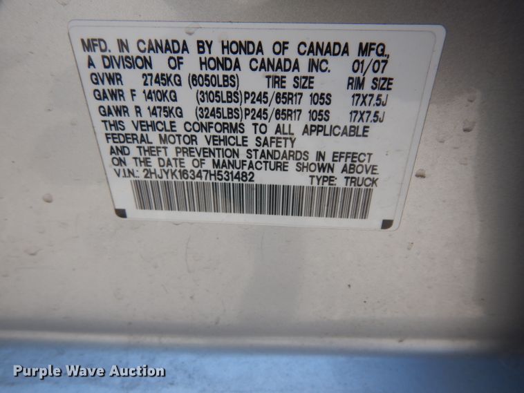 image for item DJ4252 2007 Honda Ridgeline  Crew Cab pickup truck