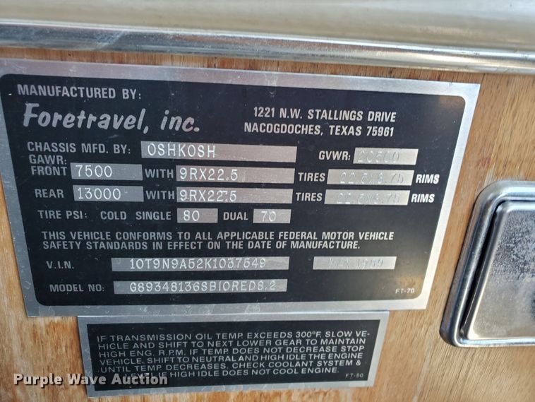 image for item GO9200 1989 Oshkosh Foretravel Grand Villa  RV