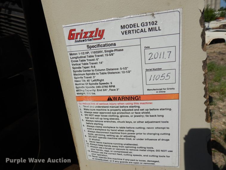 image for item HV9258 2011 Grizzly G3102 vertical milling machine