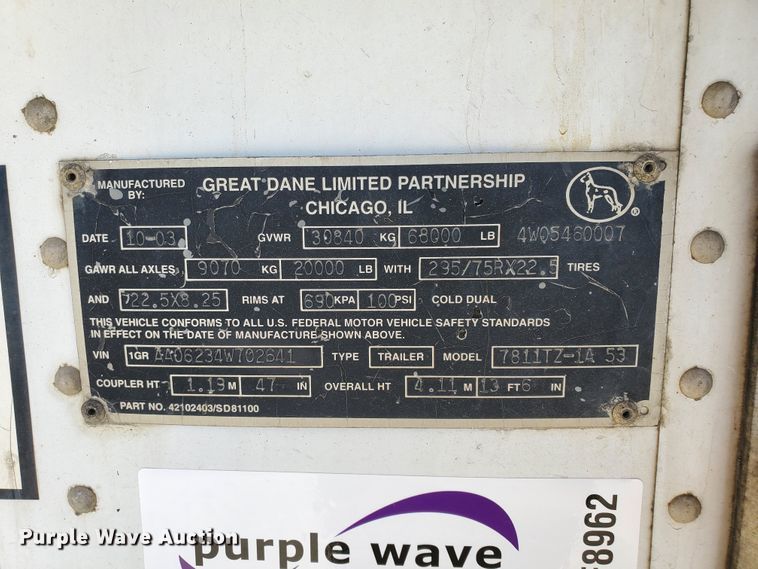 image for item DF8962 2004 Great Dane refrigerated van trailer