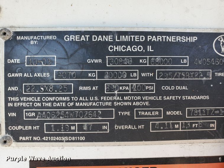 image for item DF8963 2004 Great Dane 8711TZ-1A53 refrigerated van trailer