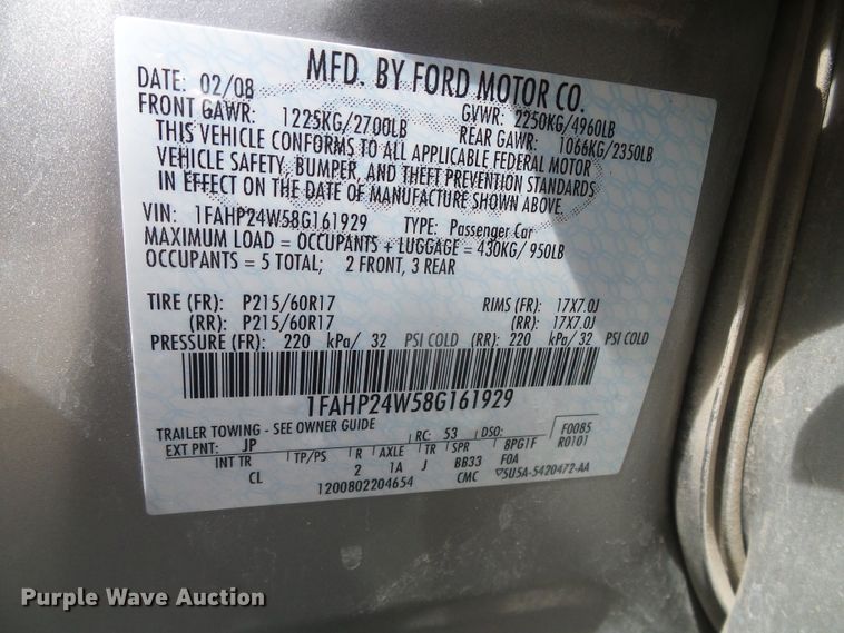 image for item DD0482 2008 Ford Taurus SEL