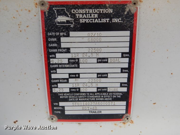 image for item HM9615 2010 Construction Trailer Specialist, Inc. BDT-40 bottom dump trailer