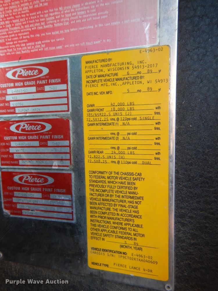 image for item HV9199 1989 Pierce Lance  pumper fire truck