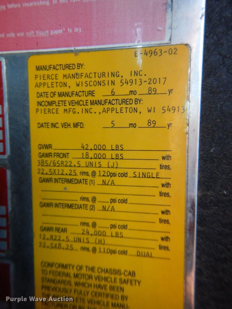 image for item HV9199 1989 Pierce Lance  pumper fire truck